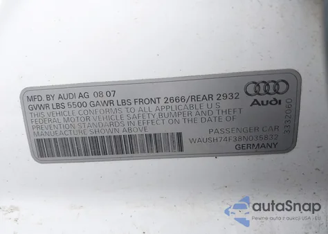 2008 Audi A6 3.2 Avant from USA, damaged, VIN WAUSH74F38N035832